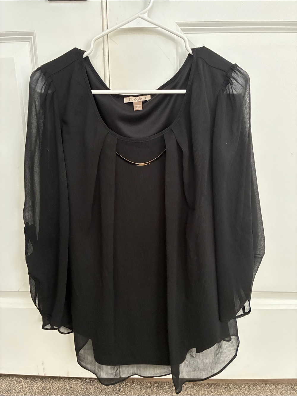 Dress Barn Black Sheer Long-Sleeve Blouse with Gold Accent Bar